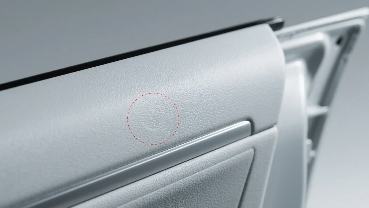 Circular ejector marks on the grained A-surface of a molded automotive door panel