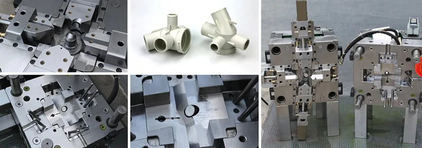 Sequential multi-slider production mold for a five-way POM water manifold